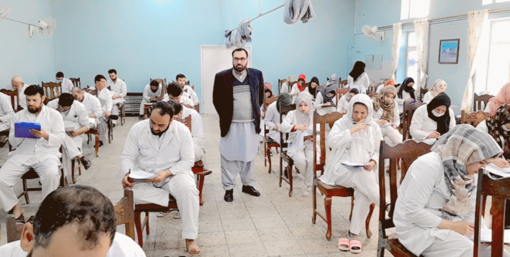 Afghan hospital professionals at Be Team International's Cure Hospital in Kabul on medical exam test day