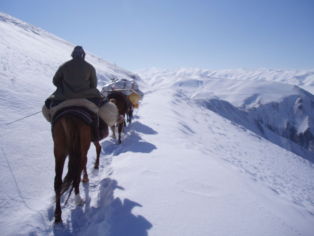 Be Team International's Cure Hospital medical team traveling by horseback on a steep mountain path in remote Afghanistan in winter
